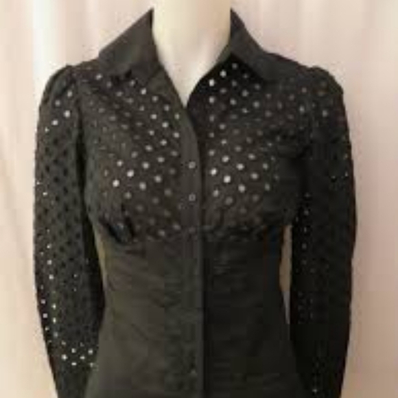 Long Sleeve Black Buttondown with Mesh Eyelet Cut Top 4 Petite - Picture 12 of 12